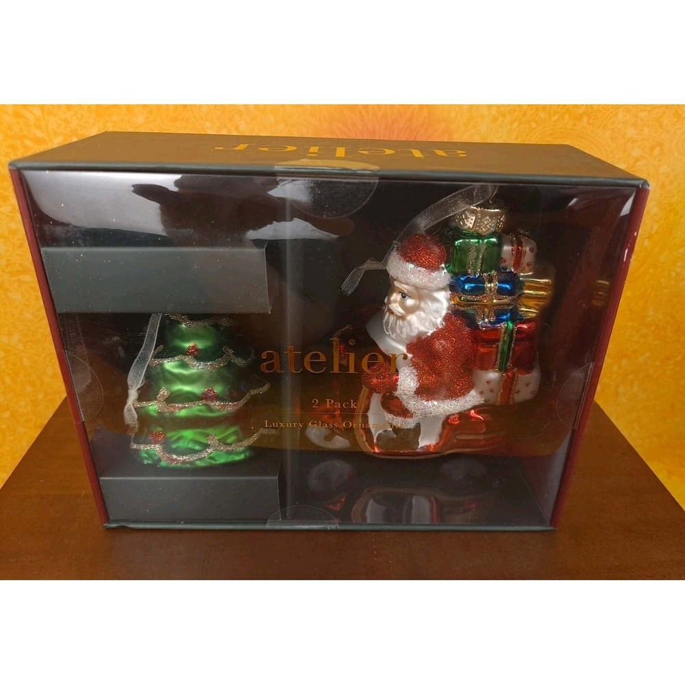 Atelier 2 Pack Luxury Glass Ornaments‎ Santa On Scooter And Green Christmas Tree